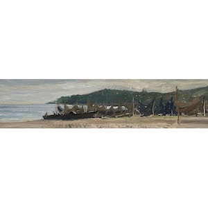Mid century original oil painting River landscape by Ukrainian artist G.Voloshin, 1948, Evening, River bank, Boats, Fishing nets, Riverscape