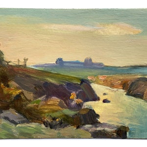 Vintage original oil painting Riverscape by Ukrainian artist I.Vasylenko, 1970s, On river banks, Sunset landscape, Nature, One of a kind art