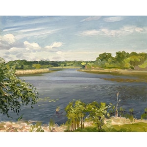 Vintage original oil painting River landscape by Ukraine artist by A.Zhezher, 1980s, Summer, Clouds, Trees on river bank, Riverscape, Nature