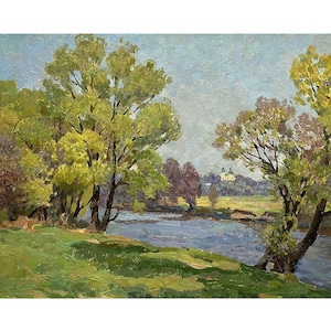 Vintage original oil painting River landscape by Ukrainian artist O.Solodovnikov, 1970s, Spring, Riverbank, Trees, Woodland scenery, Nature