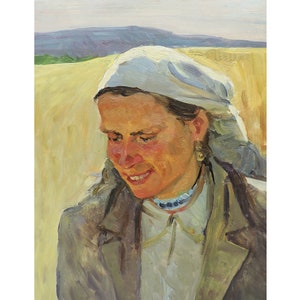Antique original oil painting Portrait of a girl by Ukraine artist E.Usikova, 1950s, Wall art, Portrait of a woman, Female portrait painting