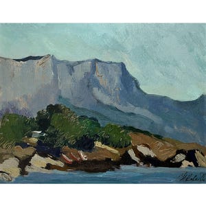 Vintage original oil painting Mountain landscape by Ukrainian artist N.Korobova, Seascape, Seafront, Coastal view, Rocky coast, Sea painting