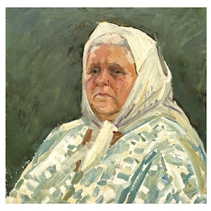 Antique original oil painting Old woman portrait by Ukraine artist N.Volkova, 1960s, Portrait wall art, Portrait painting, Female portrait