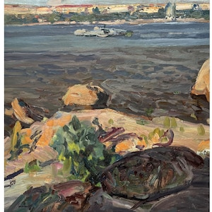 Impressionist vintage original oil painting River landscape by Ukrainian artist V.Gaiduk, 1960s, City on the riverbank, Riverscape, Nature