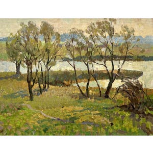 Vintage original oil painting Spring river landscape by Ukrainian artist O.Solodovnikov, 1970s, Riverbank, Trees, Woodland scenery, Nature