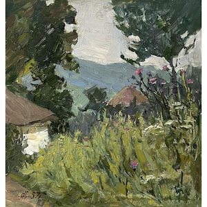 Mid Century Original Ölgemälde Ländliche Landschaft vom Ukrainischen Künstler L.Zhabinsky, 1957, Wandkunst, Dorf, Altes Bauernhaus, Blick auf die Landschaft