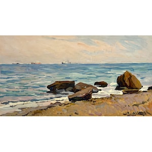 SEA LANDSCAPE Vintage original tempera painting by Ukraine artist V.Belyak 1979, Seascape, Seafront, Stones on seashore, Beach, Sea wall art
