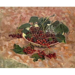 Pintura al óleo original vintage Naturaleza muerta con viburnum del artista ucraniano V. Vladyslavleva, década de 1960, Naturaleza muerta con bayas, Arte mural de naturaleza muerta