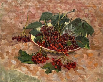 Vintage original oil painting Still life with viburnum by Ukraine artist V.Vladyslavleva 1960s, Still life with berries, Still life wall art