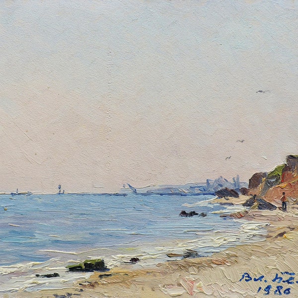 VINTAGE SEASCAPE Oil original painting by Soviet Ukraine artist V.Belyak, Coastline view, Seaside art, Sea, Seashore, Impressionist artwork