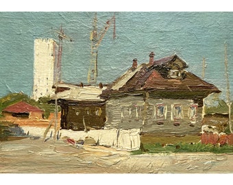 CONSTRUCTION PAINTING Impressionist Vintage Original Oil Painting by Ukraine artist B.Spornikov, 1970s, House building, Industrial Wall art