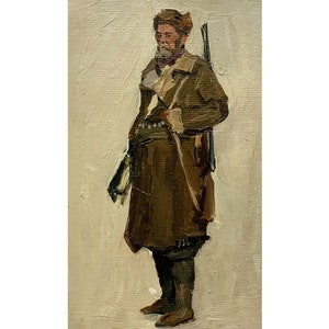 RETRATO ANTIGUO DE UN HOMBRE Pintura al óleo original de mediados de siglo del artista ucraniano V.Kolesnik, 1949, Arte de cazador, Pintura de retrato, Retrato masculino