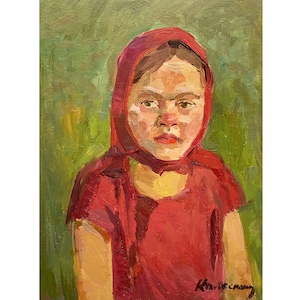 Antique original oil painting Mid century portrait of a girl by Ukraine artist V.Kolesnik, 1959 Wall art, Kids portrait, Children&#39;s portrait