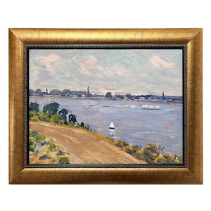 Framed vintage original oil painting Summer river landscape by Ukraine artist I.Tyukha, 1970s, Riverscape, Trees, River bank, River Wall Art