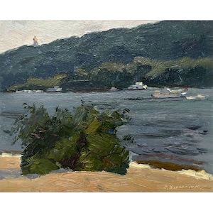 Vintage original oil painting River landscape by Ukraine artist S.Khokhlov 1976, Wall art, Kyiv, Summer, Riverscape, Boats, Riverbank, Trees