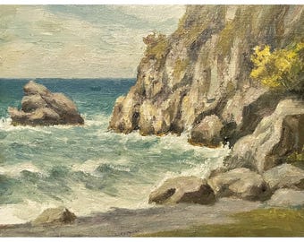 Originales Ölgemälde „Meereslandschaft“ des ukrainischen Künstlers V. Nesterov, 1960er Jahre. (Meeresfront, Küstenlandschaft, Felsküste, Strand, Meerblick)