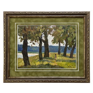 Pintura al óleo original vintage enmarcada Paisaje de verano del artista ucraniano S. Livshits Años 60, Niña, Prado, Árboles, Ribera, Paisaje fluvial, Naturaleza
