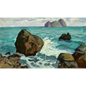 Antique original oil painting Sea landscape by Ukraine artist V.Kozyk 1960s Rocky shore, Seashore, Seafront, Seascape, View of the sea coast