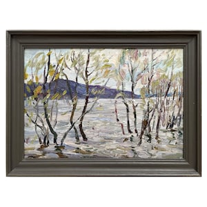 Framed vintage original oil painting Spring riverscape by Ukrainian artist M.Borymchuk, 1970s, Spring flood, Trees in the water, Riverbank