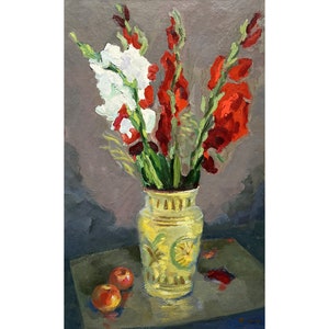 Pintura al óleo original vintage "Bodegón con gladiolos" del artista ucraniano I. Belyak, 1979. Arte mural, Flor de gladiolo, Pintura floral.