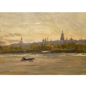 Vintage original oil painting Evening river landscape by Ukrainian artist M.Horshkov, 1960s, Wall art, Sunset, Riverbank, Riverscape, Boat