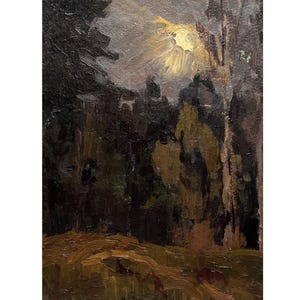 Pintura al óleo original vintage Paisaje al atardecer del artista ucraniano V. Korobov, década de 1960, Sol de tarde, Bosque, Árboles, Paisaje boscoso, Naturaleza