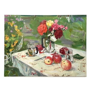 Original oil painting on canvas Still life by Ukrainian artist M.Polyakova, 2012, Summer, Red apples, Roses in a vase, Still life wall art