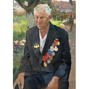 Vintage original oil painting Portrait of a veteran by Ukrainian artist V.Pirogov 1970s, Portrait of a man, Male portrait, Socialist realism