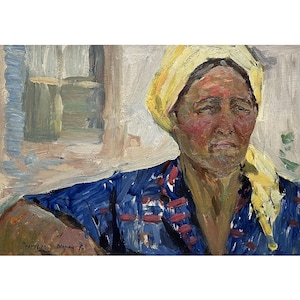 Vintage original oil painting Portrait of a woman in the field by Ukrainian artist V.Korobov, 1960s, Portrait wall art work, Female portrait