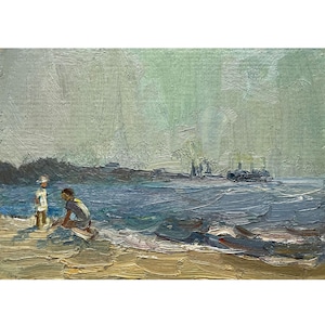 Vintage original oil painting Sea landscape by Ukrainian artist A.Zorko, 1970s, Wall art, Children on the beach, Summer, Seashore, Seascape