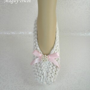 Chaussons Ballerines cocooning laine blanche noeud rose T du 35 au 39 image 3