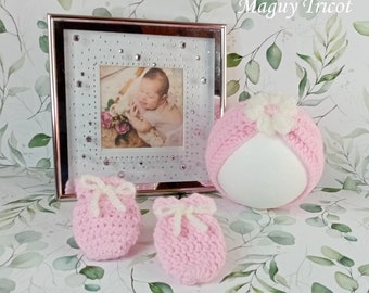Bonnet bandeau et Moufles bébé laine rose et crème naissance à 3 mois