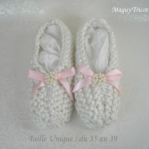 Chaussons Ballerines cocooning laine blanche noeud rose T du 35 au 39 image 2