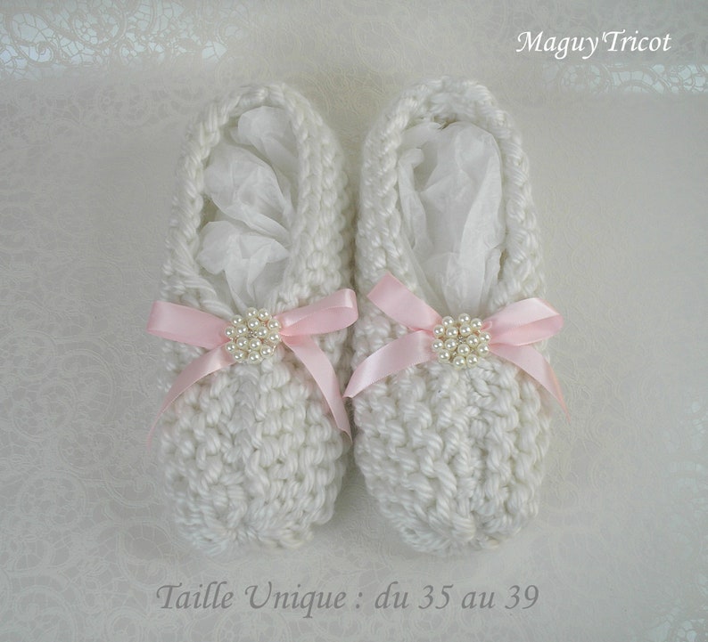 Chaussons Ballerines cocooning laine blanche noeud rose T du 35 au 39 image 2