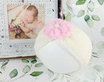 Bandeau bébé laine ton crème et fleur rose 3 à 6 mois