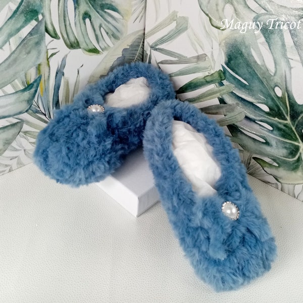 Chaussons Ballerines cocooning laine fausse fourrure bleu ancien  T du 35 au 39