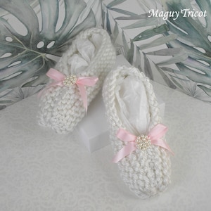 Chaussons Ballerines cocooning laine blanche noeud rose T du 35 au 39 image 1