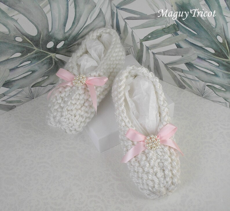 Chaussons Ballerines cocooning laine blanche noeud rose T du 35 au 39 image 1