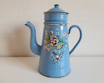 Cafetière émaillée décor relief fleurs pensées papillons complète