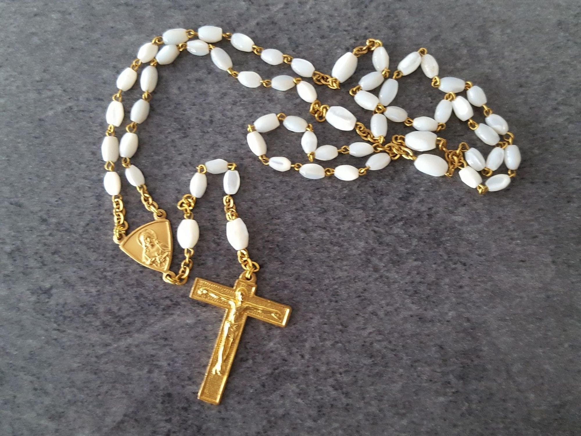 Ancien Chapelet Rosary Perles Nacre Grain de Riz Croix Dorée - 21665