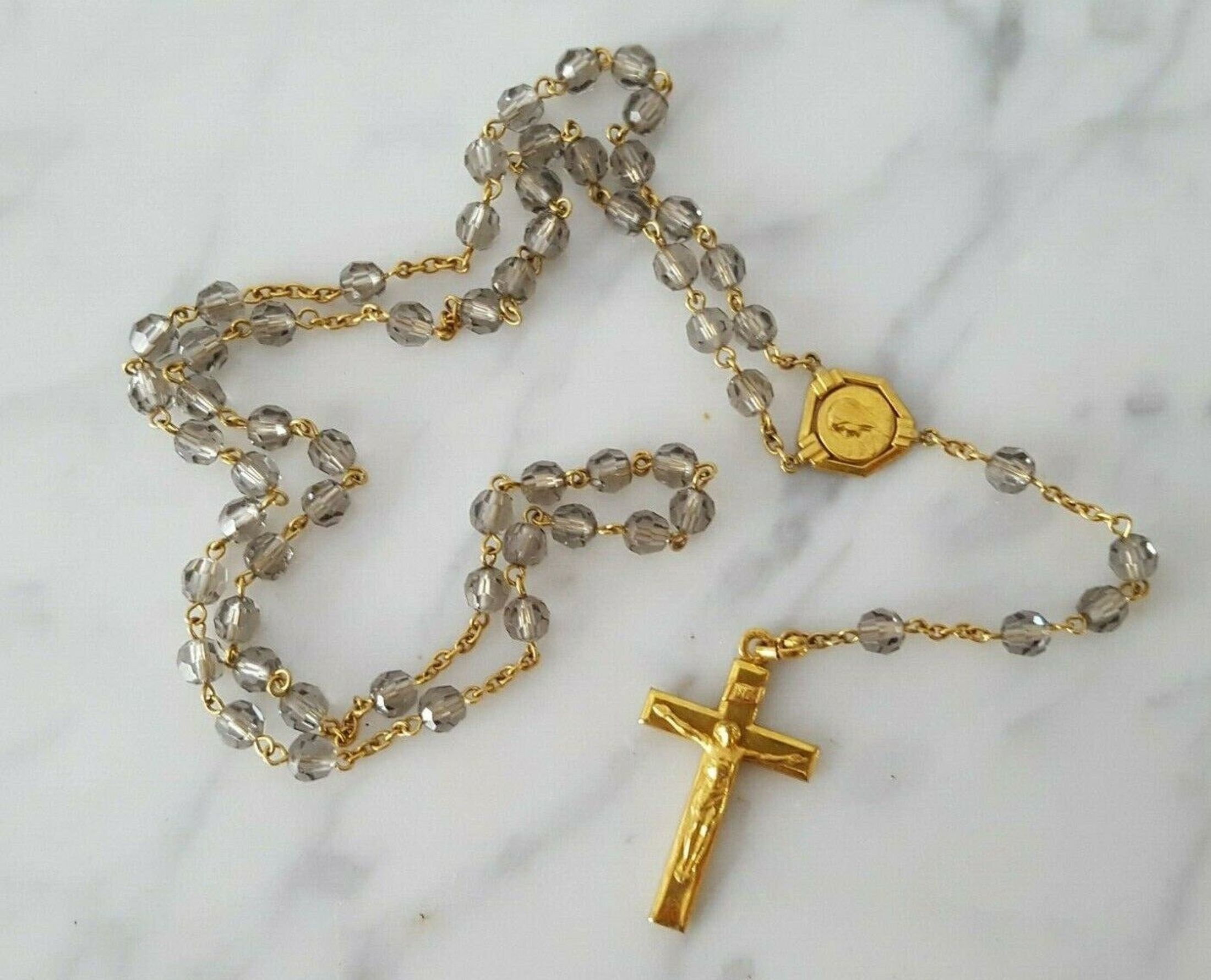 Chapelet Ancien Plaqué Or Perles de Verre Long 38 cm - 22104