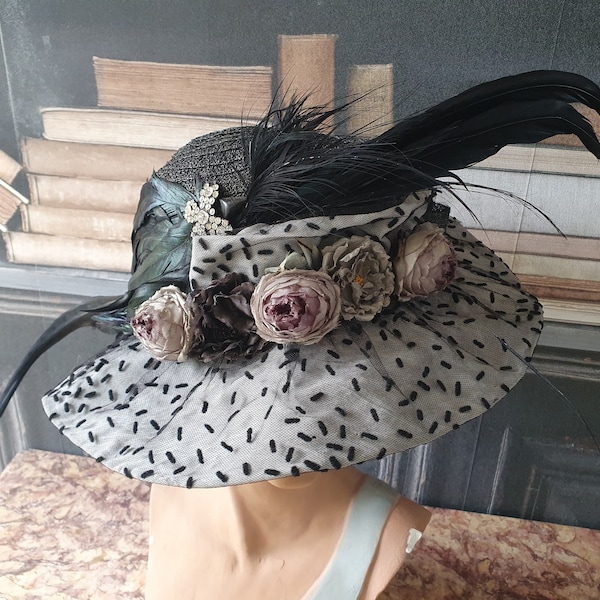 Chapeau antique tulle plume fleur strass vers 1910  - 138