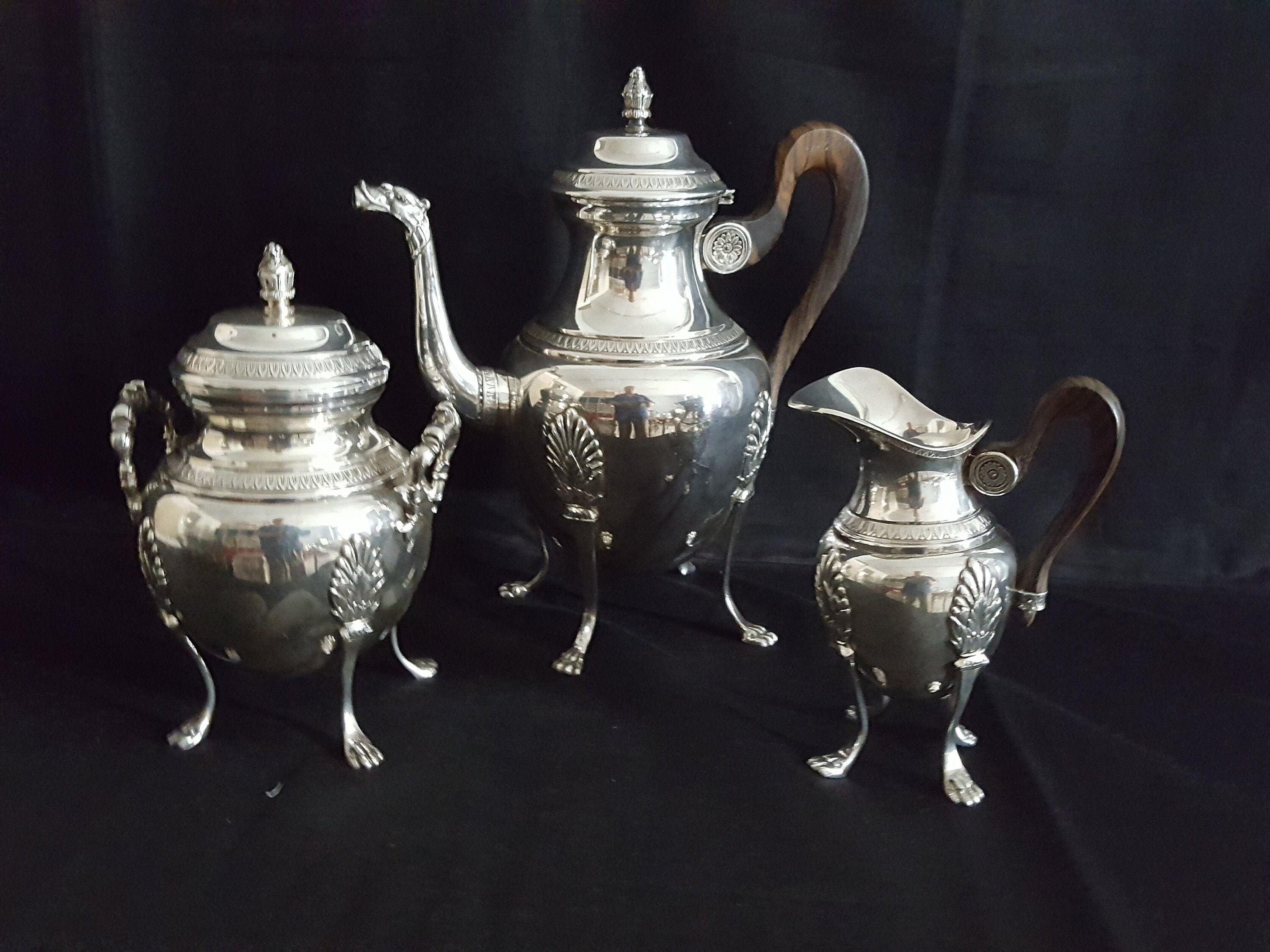 Service à Café 3 Pièces Métal Argenté Style Empire Palmettes Orfèvre M.r. Cafetière - 21506