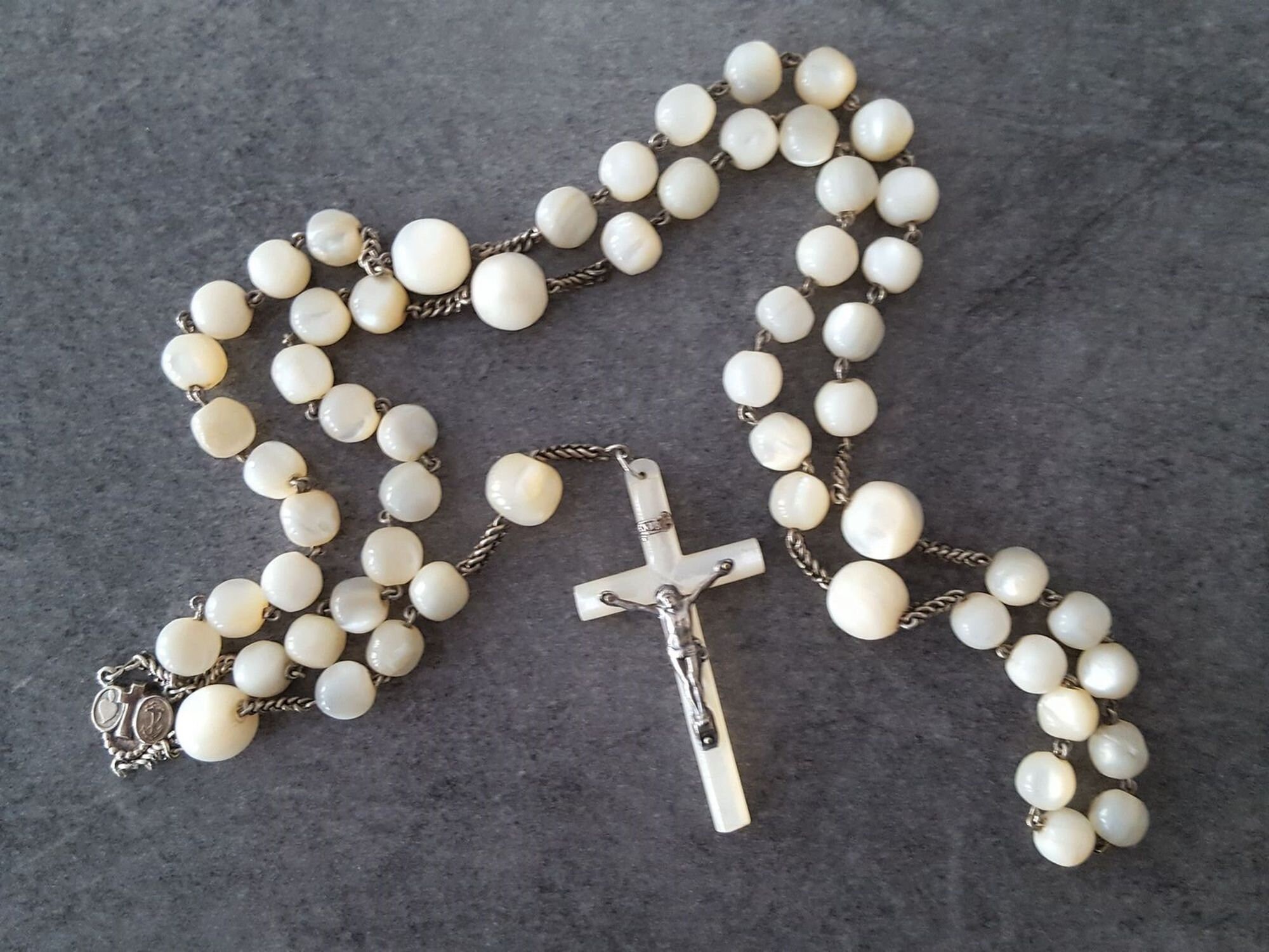 Chapelet Rosary Grosses Perles de Nacre Croix - 21668