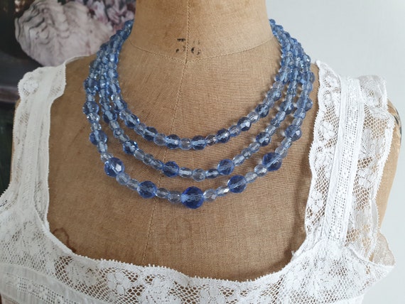 Collier vintage 3 rangs de perle de verre bleu - … - image 6