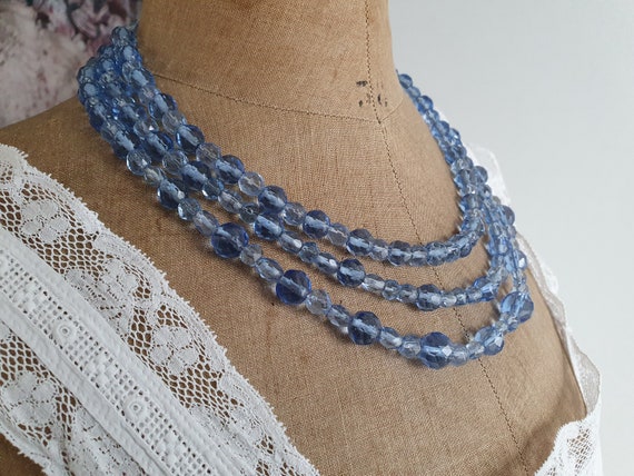 Collier vintage 3 rangs de perle de verre bleu - … - image 3