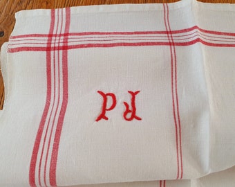 Theedoek van puur draad met rode lat Monogram PJ - 180