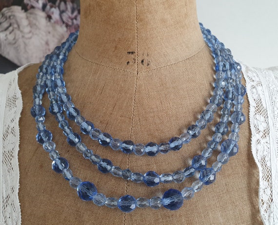 Collier vintage 3 rangs de perle de verre bleu - … - image 1