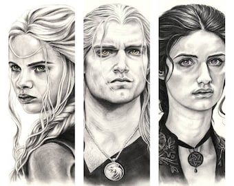 Witcher Geralt of Rivia, Yennefer of Vengerberg, Ciri of Cintra graphite portrait prints, Witcher art, fantasy portrait, Witcher gift.