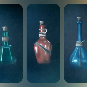 Skyrim 3 piece alchemy pastel art. Original potion bottle still life. Magicka, Health, Stamina Potions Elder Scrolls Skyrim gamer gift.